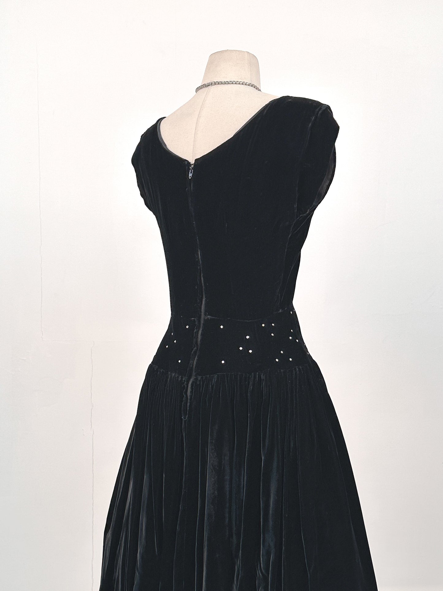 Early 1940s Black Velvet Party Dress with Rhinestones / Waist 28