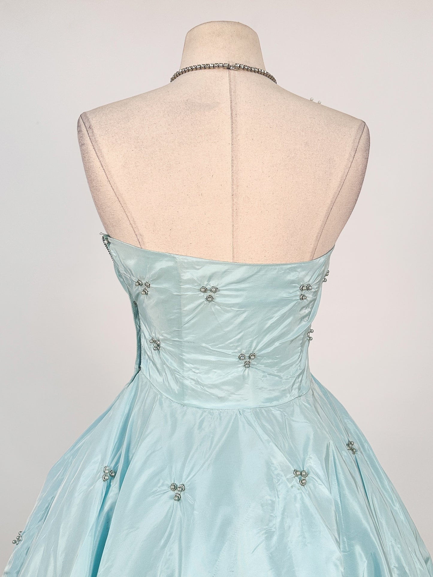 1950s Icy Blue Satin Tulle Party Dress with Pearls / Waist 26