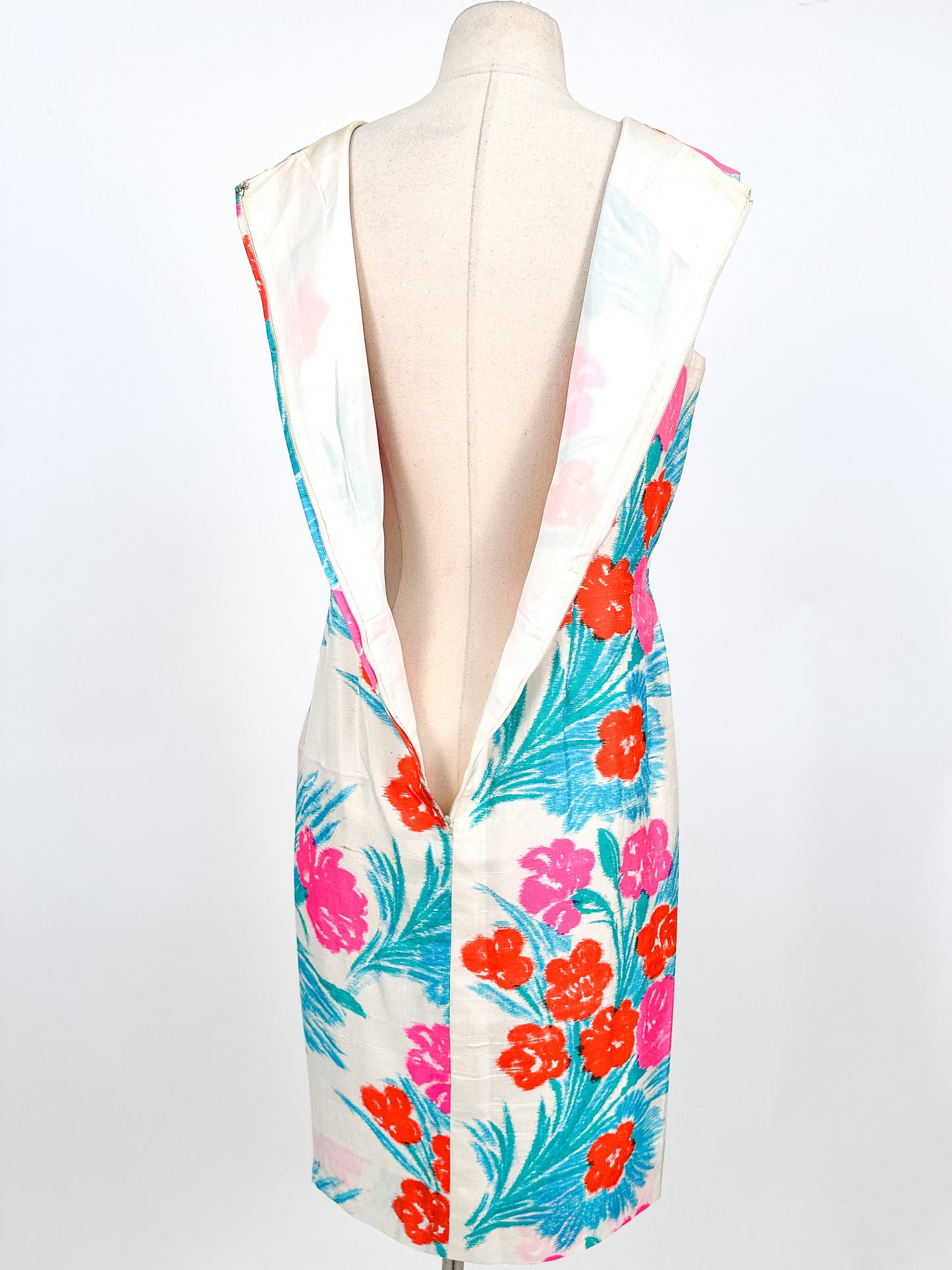1960s Bright Tropical Floral Silk Wiggle Dress / Waist 32