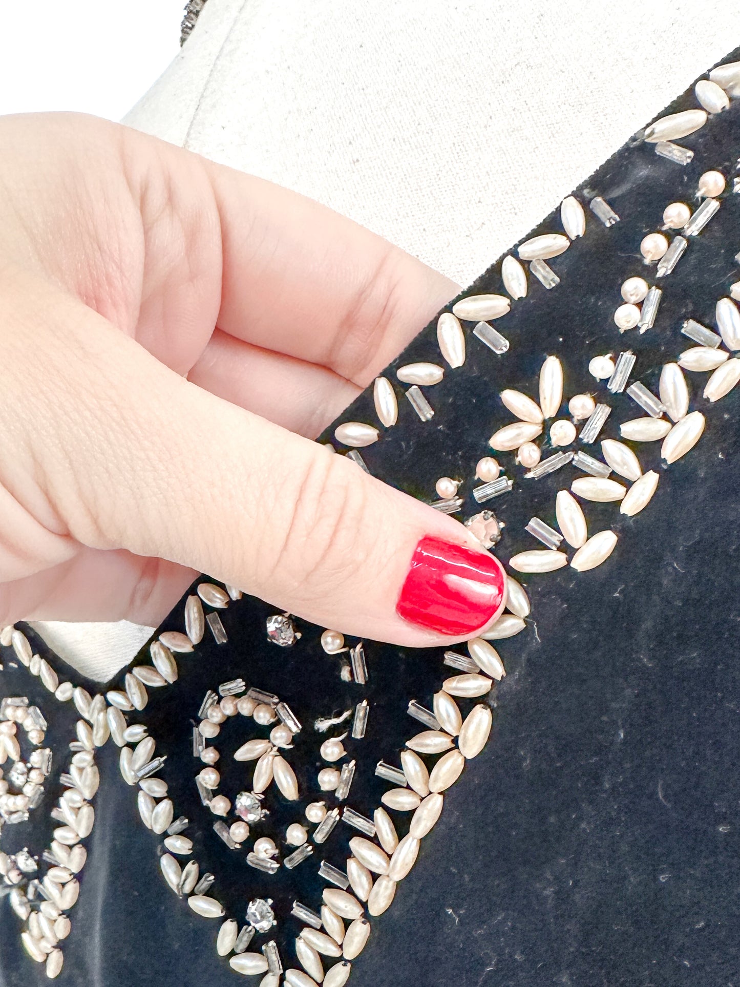 1950s Velvet Beaded Top with Pearls and Rhinestones / Bust 38