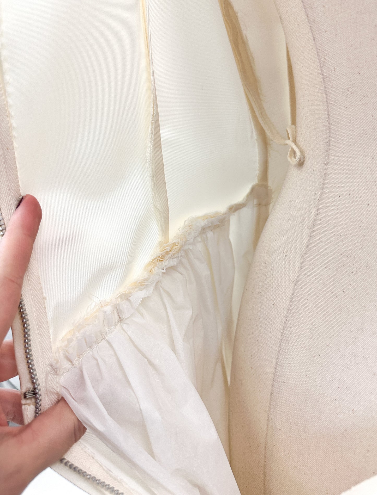 1960s White Satin Wedding Gown with Beaded Neckline / Waist 28"