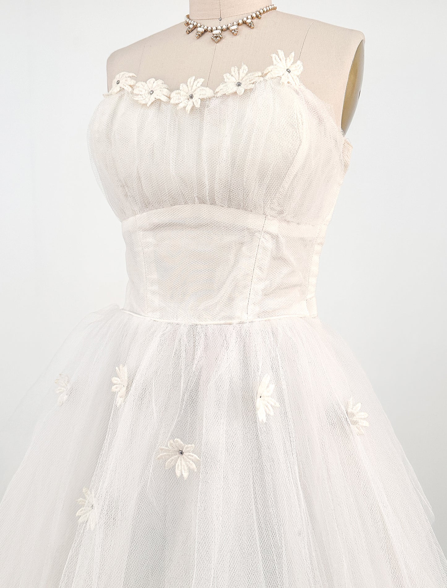 1950s Swan White Lace Floral Tulle Gown with Matching Bolero / Waist 26