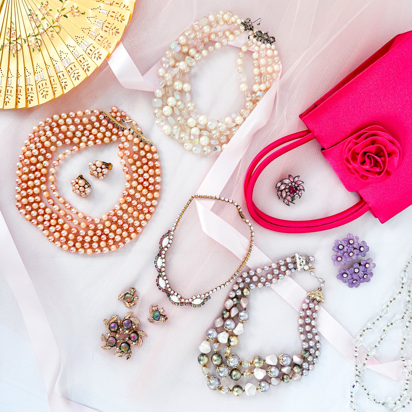 1950s White Enamel Multi-Colored Rhinestone Necklace