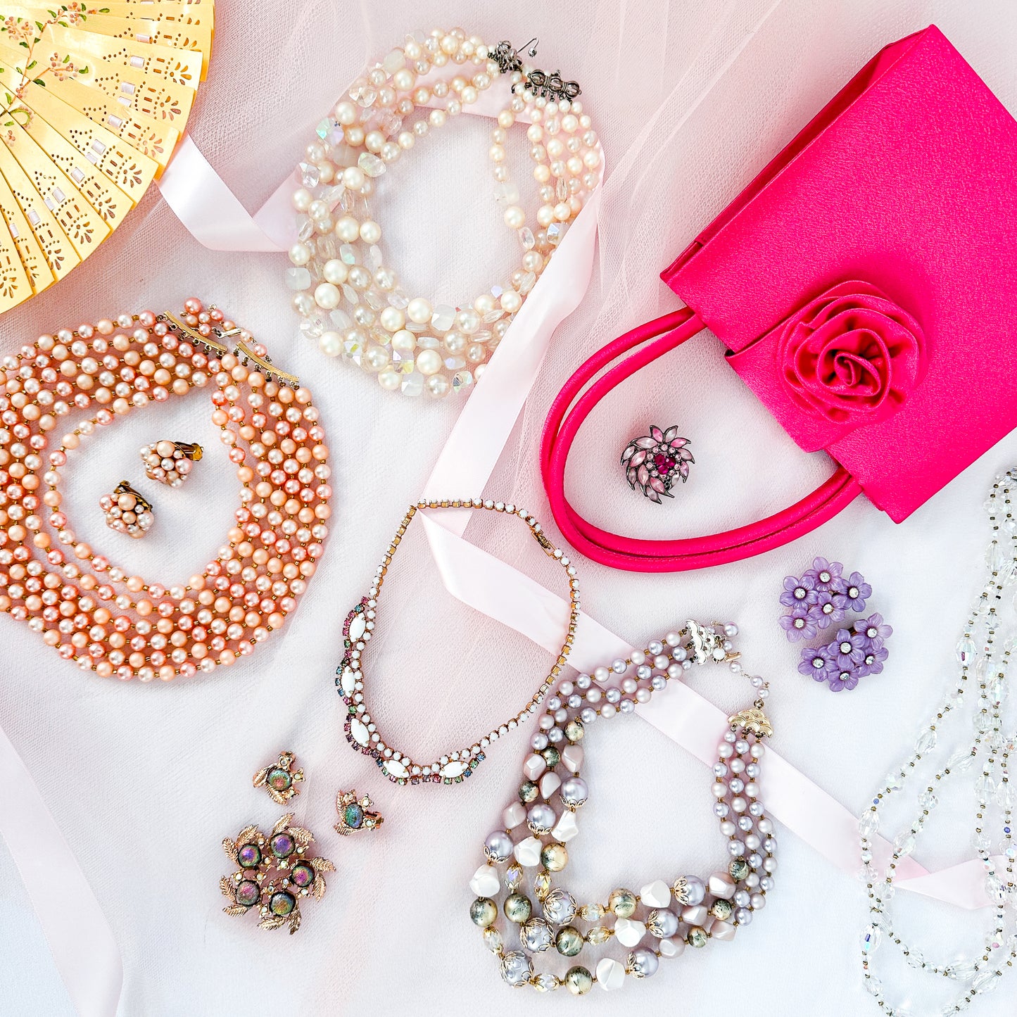 1950 Pretty in Pink Five Strand Pearl Neckalce