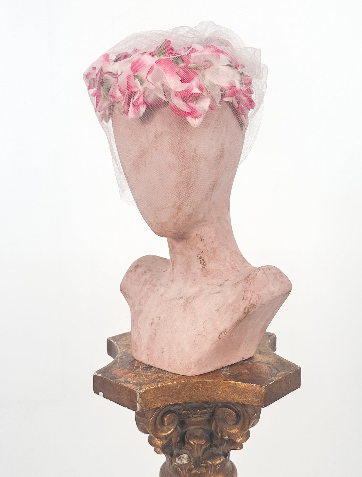 1950s Pink Floral Cage Fascinator with Light Pink Veil