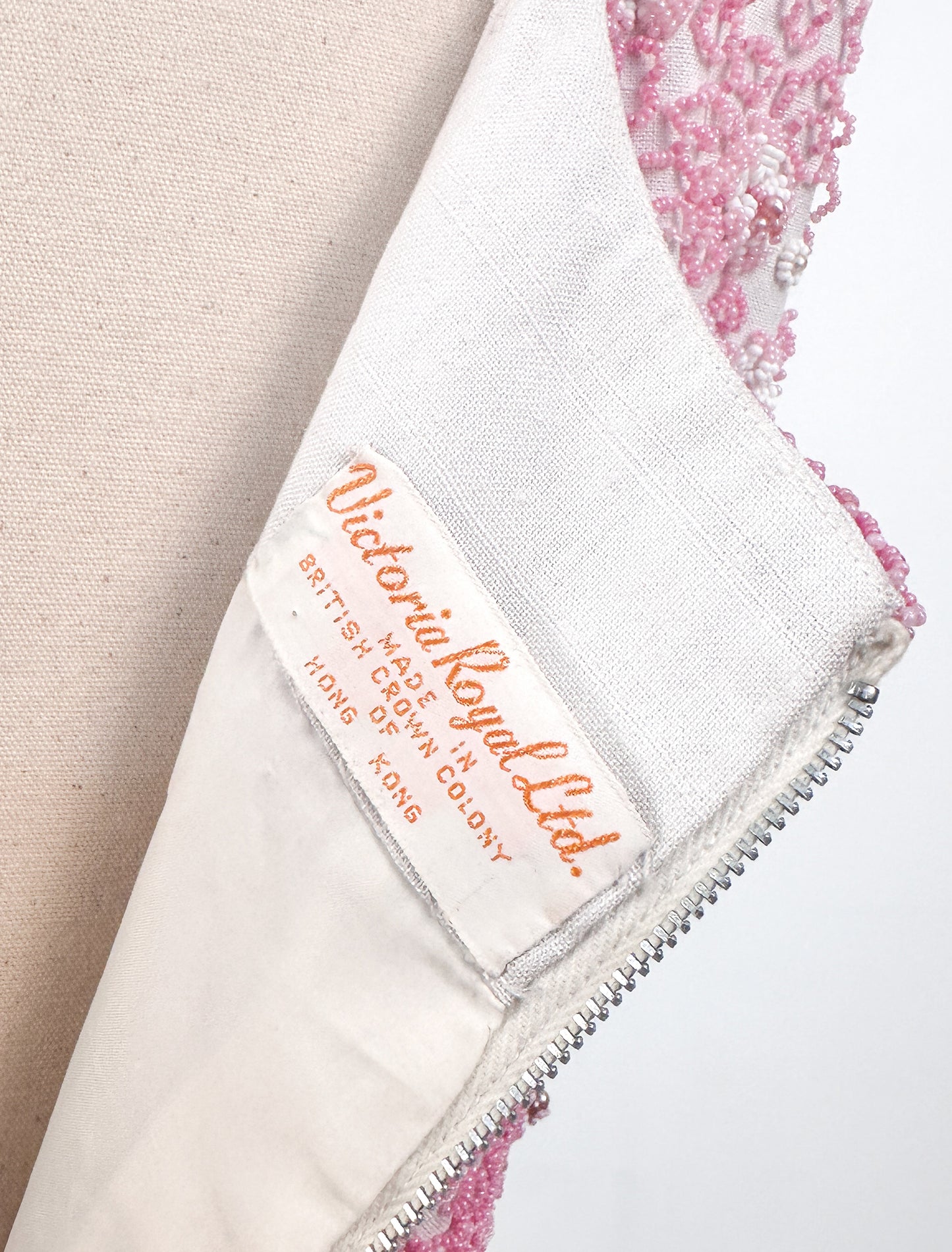 1960s Pink Beaded White Linen Dress / Waist 26-27