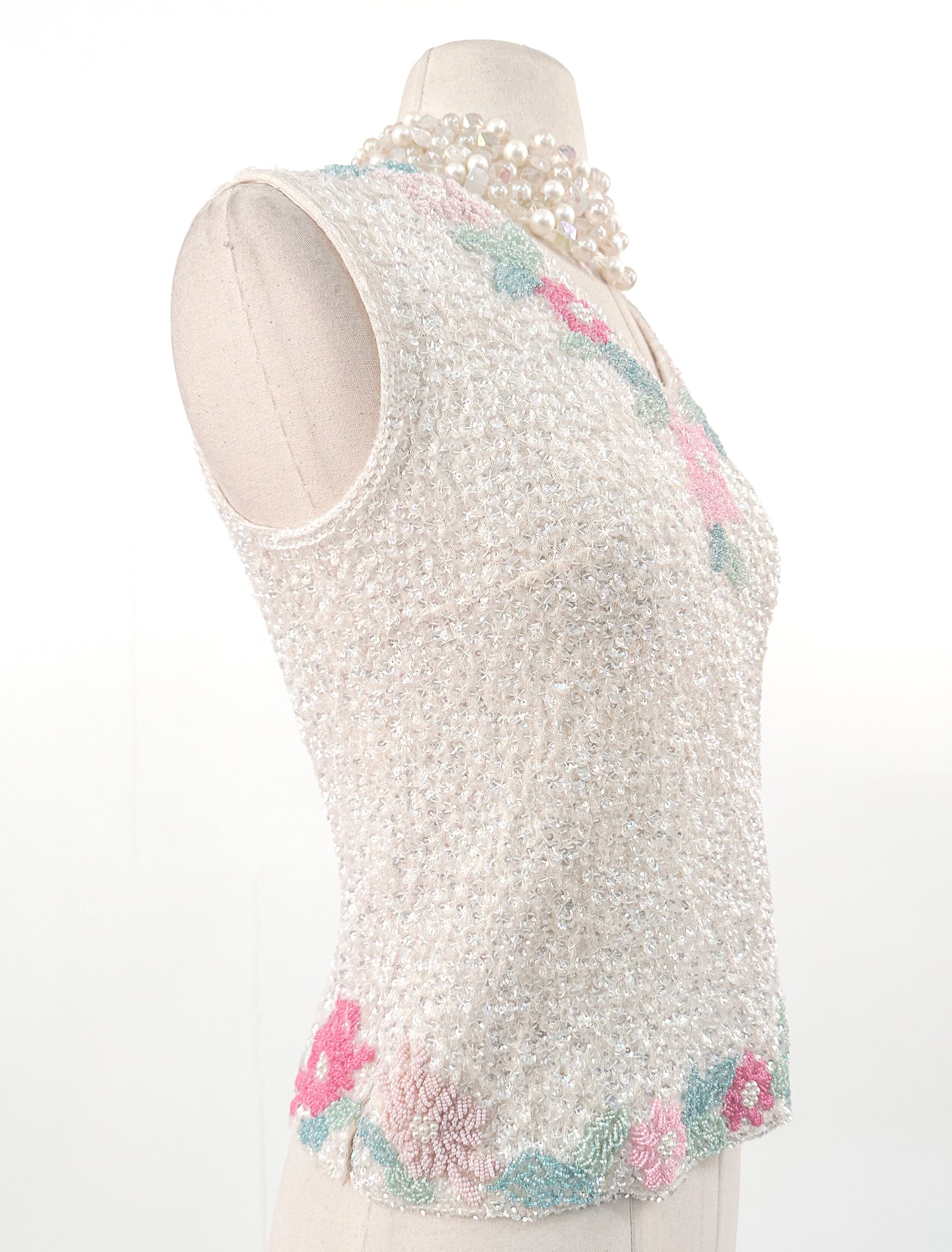 1950s Iridescent Sequin and Floral Beaded Top / Bust 36