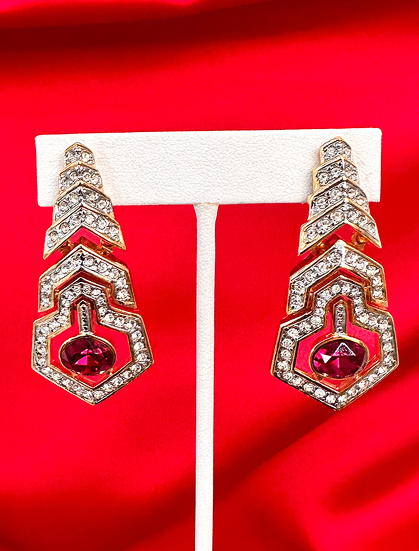 1970s Gold Art Deco Inspired Ruby and Clear Rhinestone Clip-ons