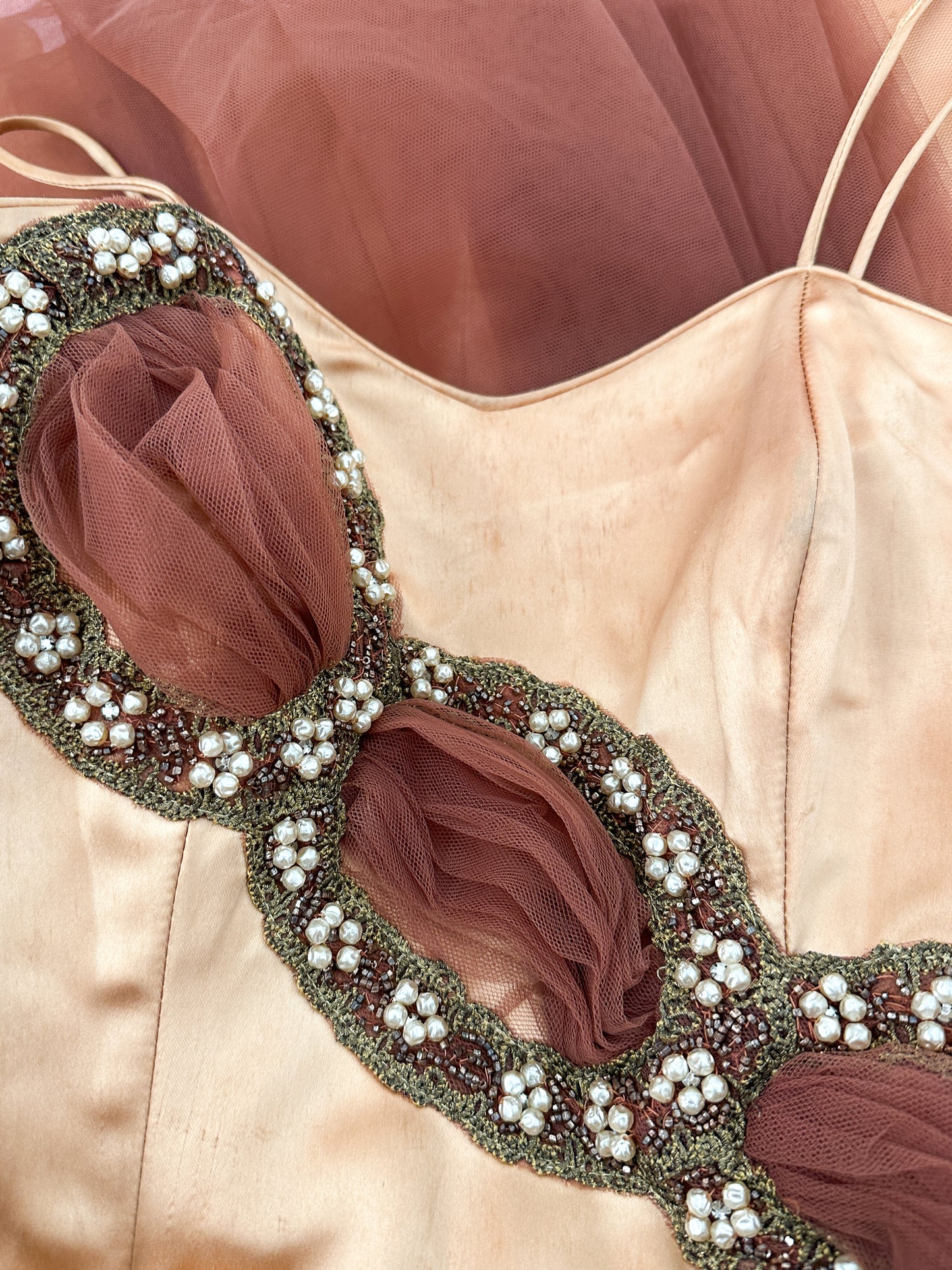 1950s Ultra Glamorous Bronze Liquid Satin Dress with Tulle Sash by Emma Domb / Waist 26