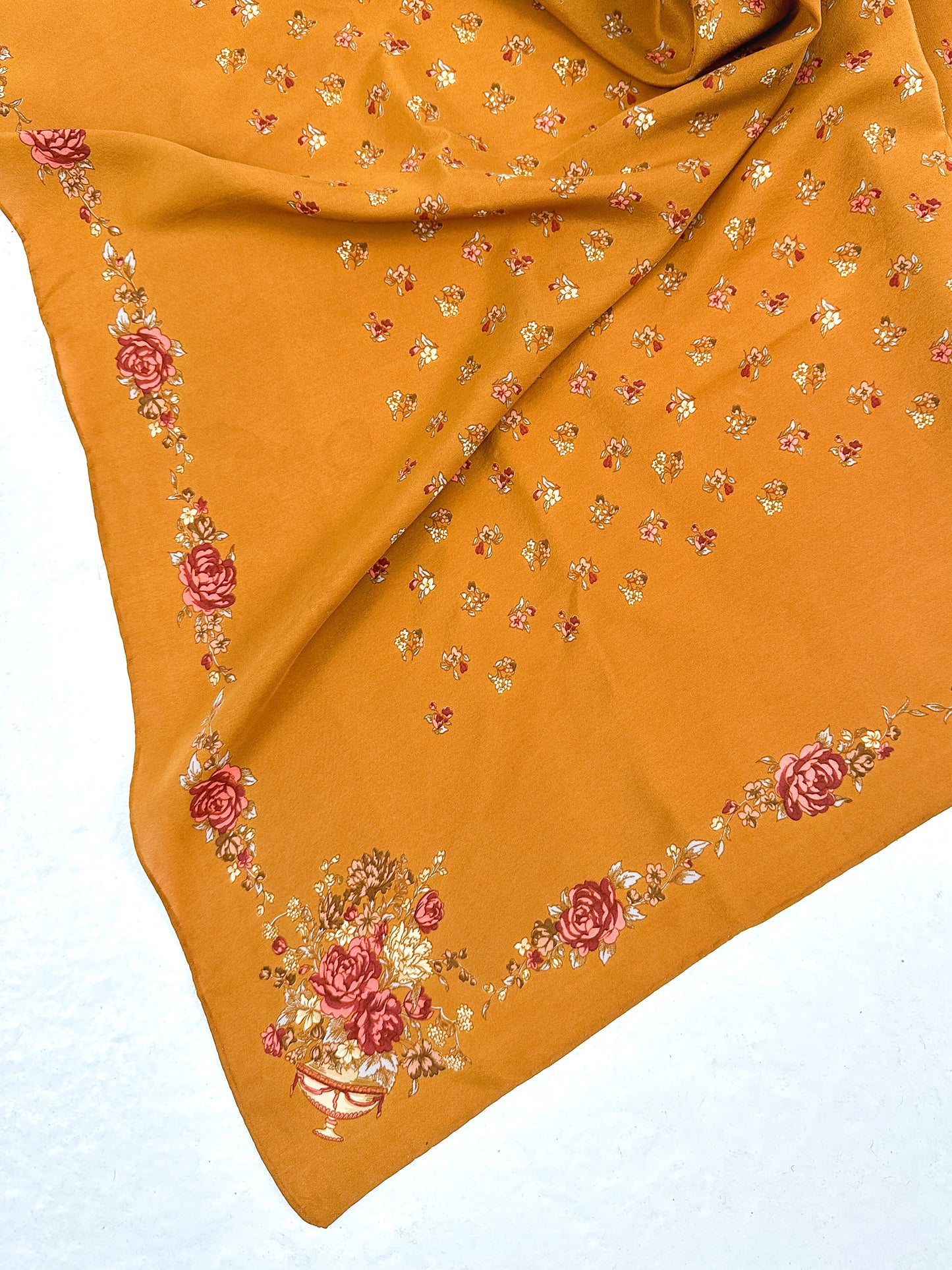 1970s Copper Silk Fall Floral Scarf