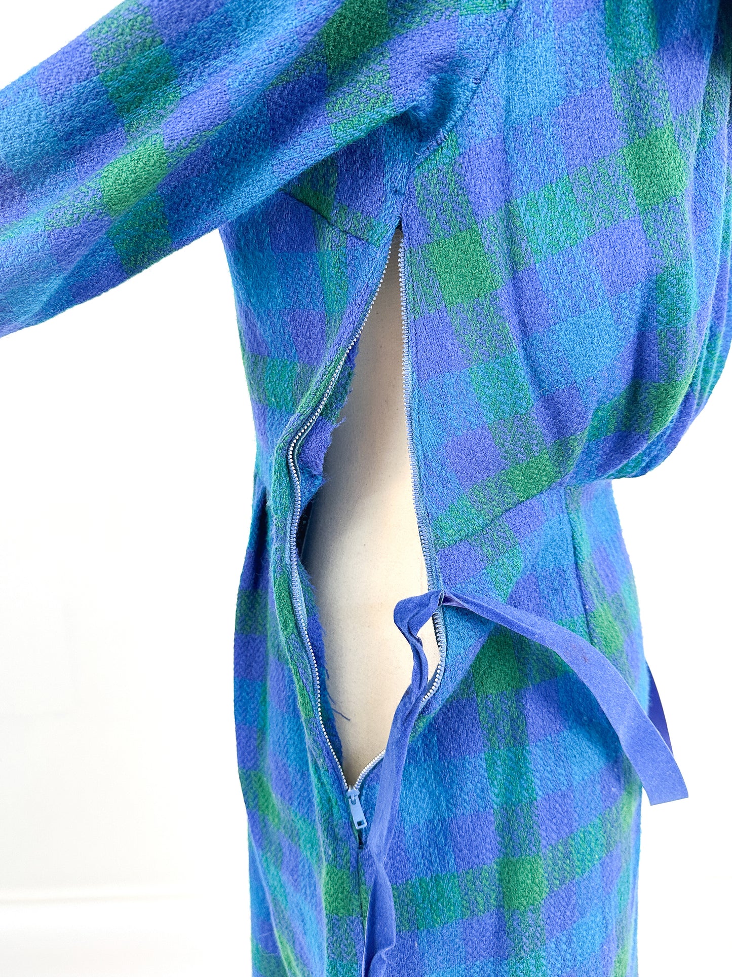 1950s Vibrant Plaid Wool Wiggle Dress / Waist 28