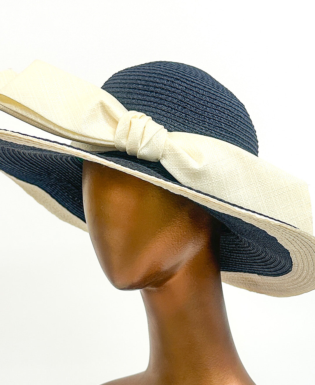 1960s Navy Straw Sun Hat with Large Bow by Mr. John