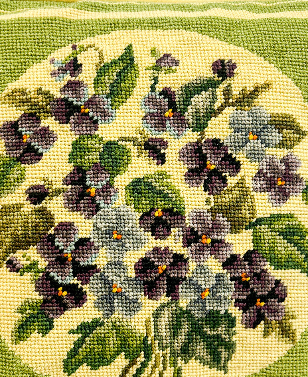 1940-50s Needlepoint Violets Throw Pillow