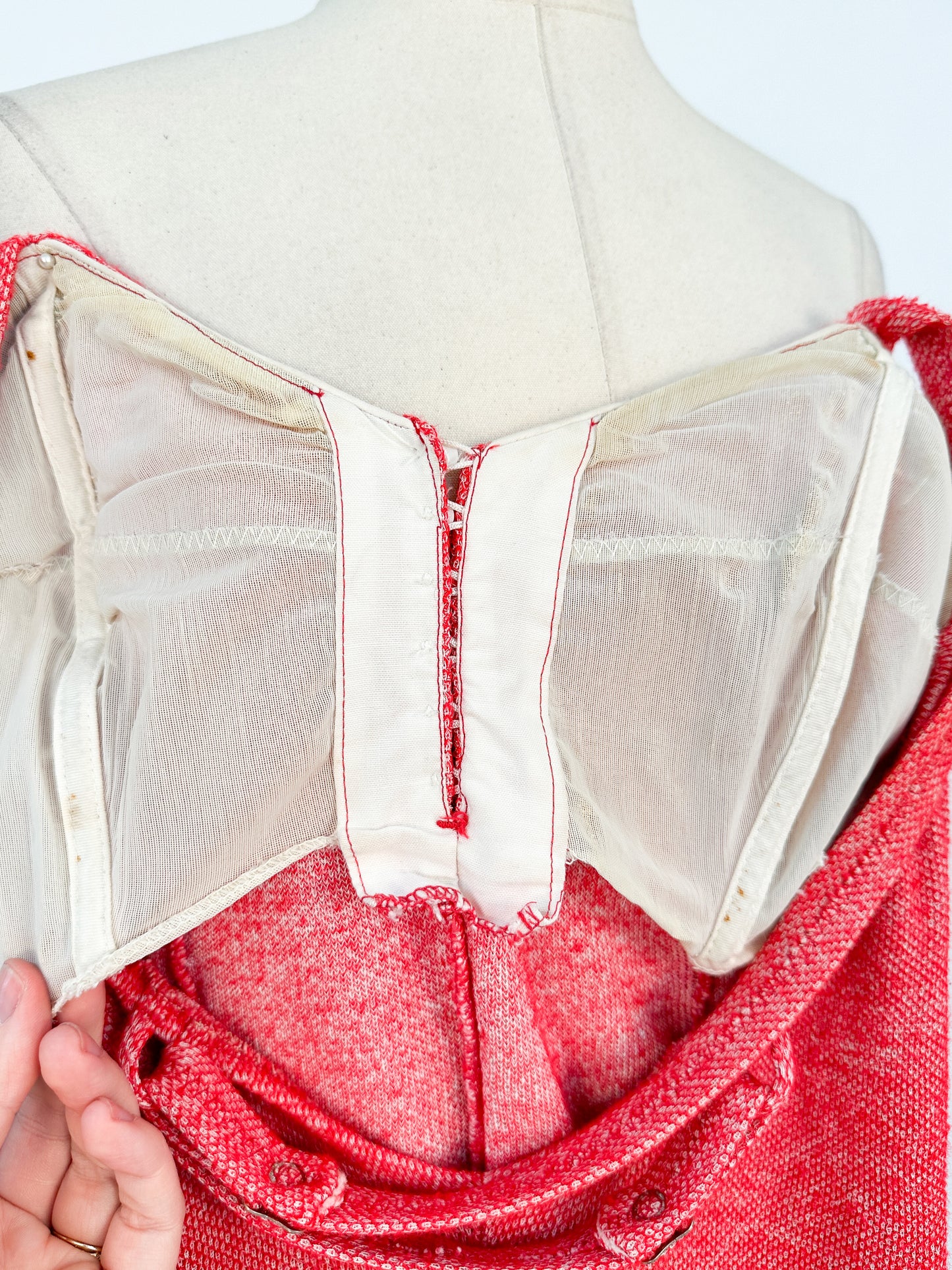 1950s Red Knitted Bathing Suit with 'Bullet' Bra / Bust 32-34