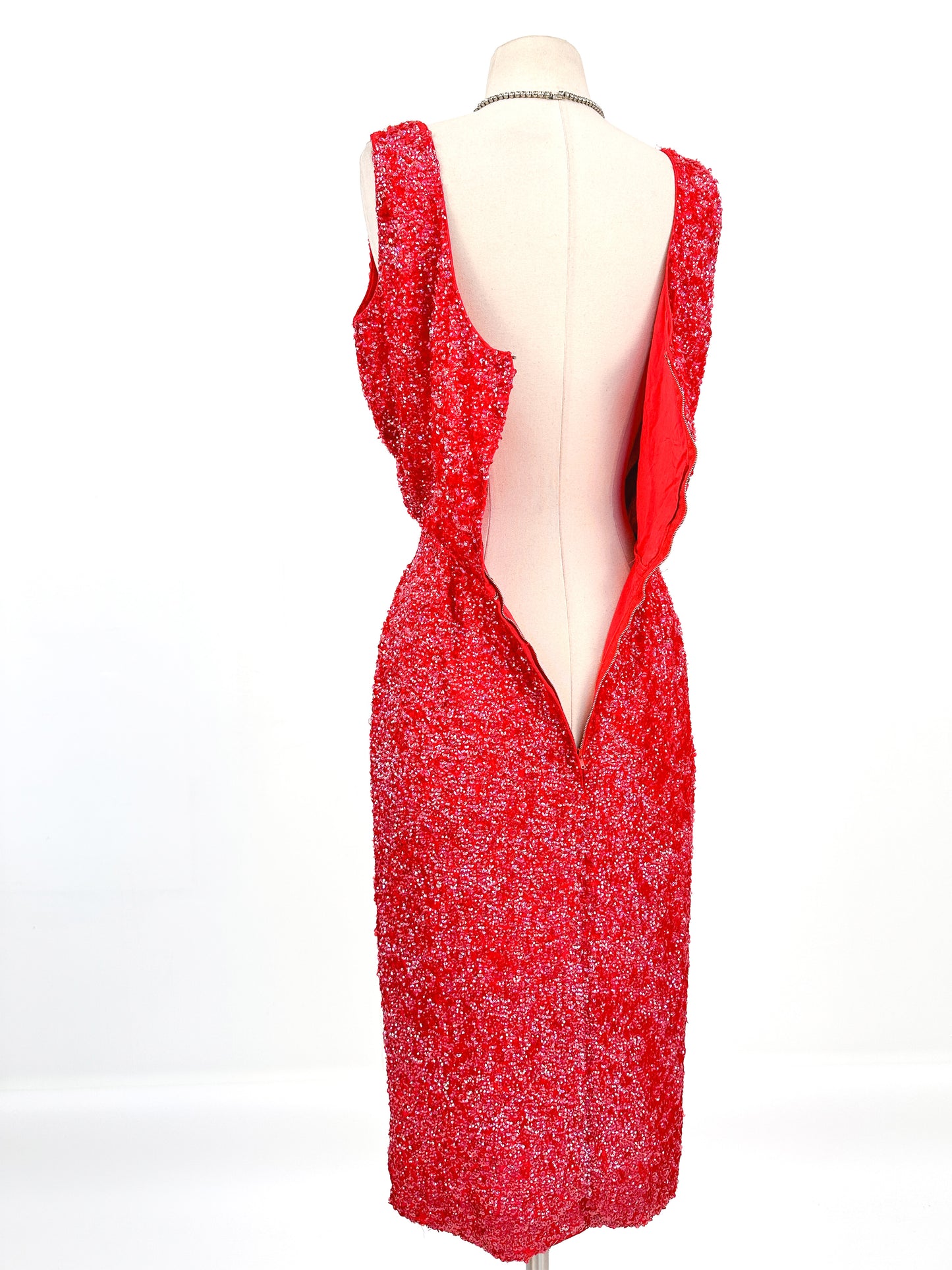 RARE 1950-60s Ruby Red Sequin Dress with Beaded Florals / Waist 30