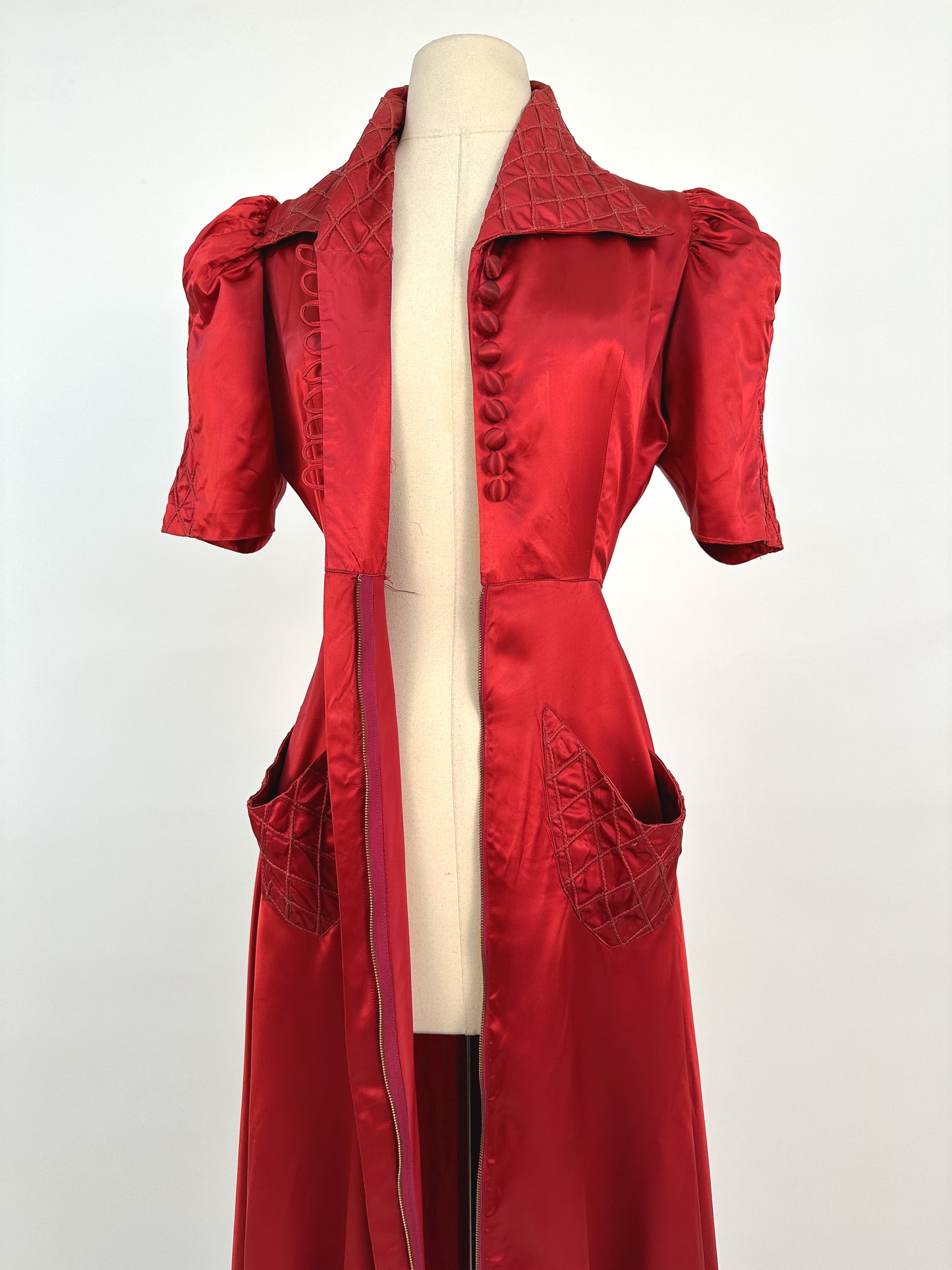 40s Currant Red Satin Hostess Dress / Waist 26