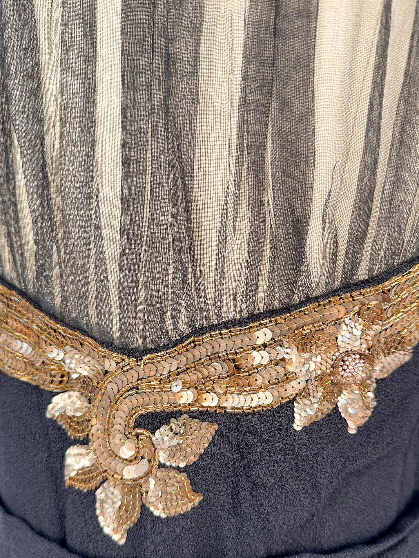 1940s Ultra Glamorous Black Crepe Evening Dress with Sheer Neckline / Waist 28