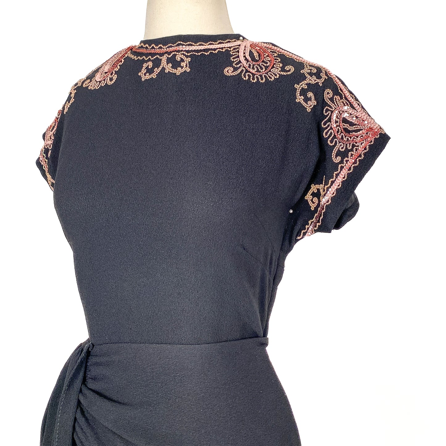 1940s Black Crepe Dress with Pink Sequins / Waist 28