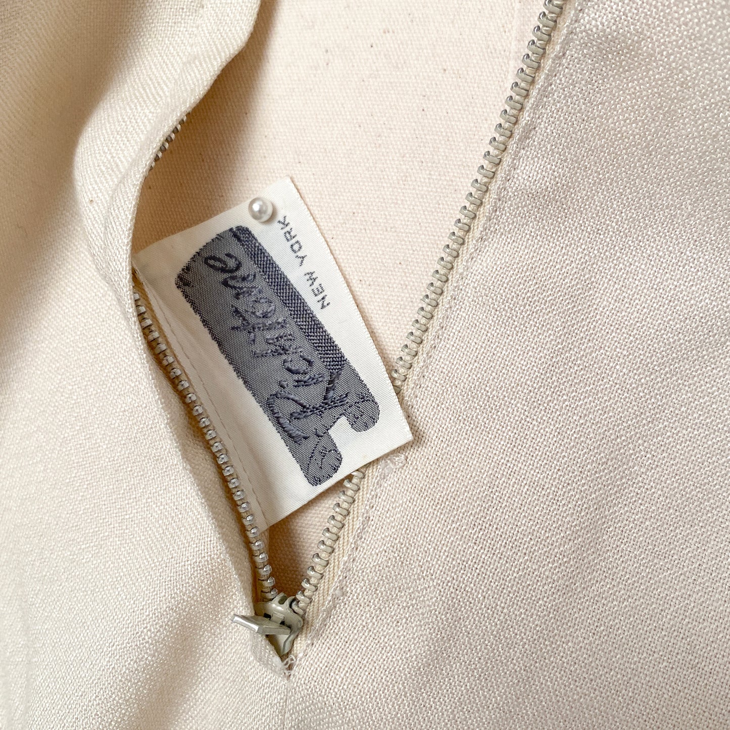 1950s Beige Linen Dress with Illusion Neckline / Waist 32