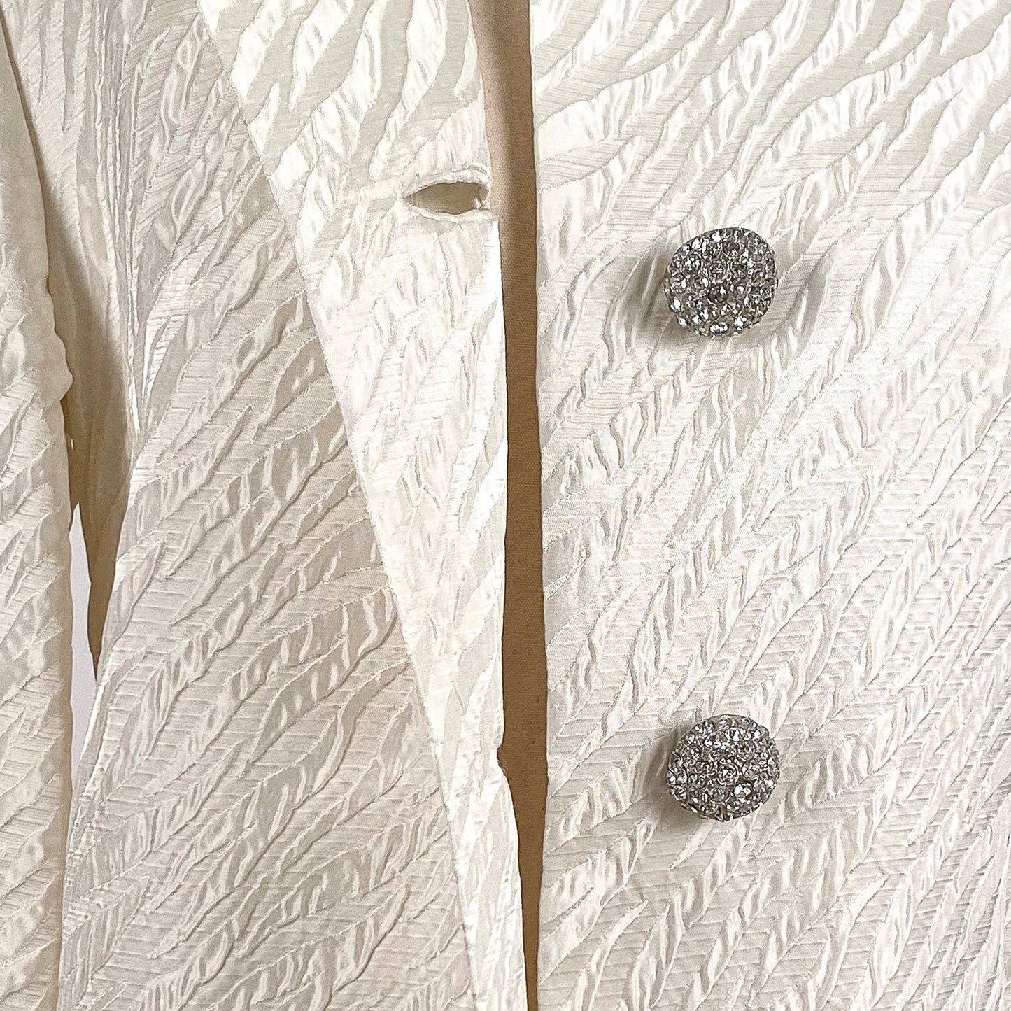 1960s White Brocade Evening Coat with Rhinestone Buttons / OSFM