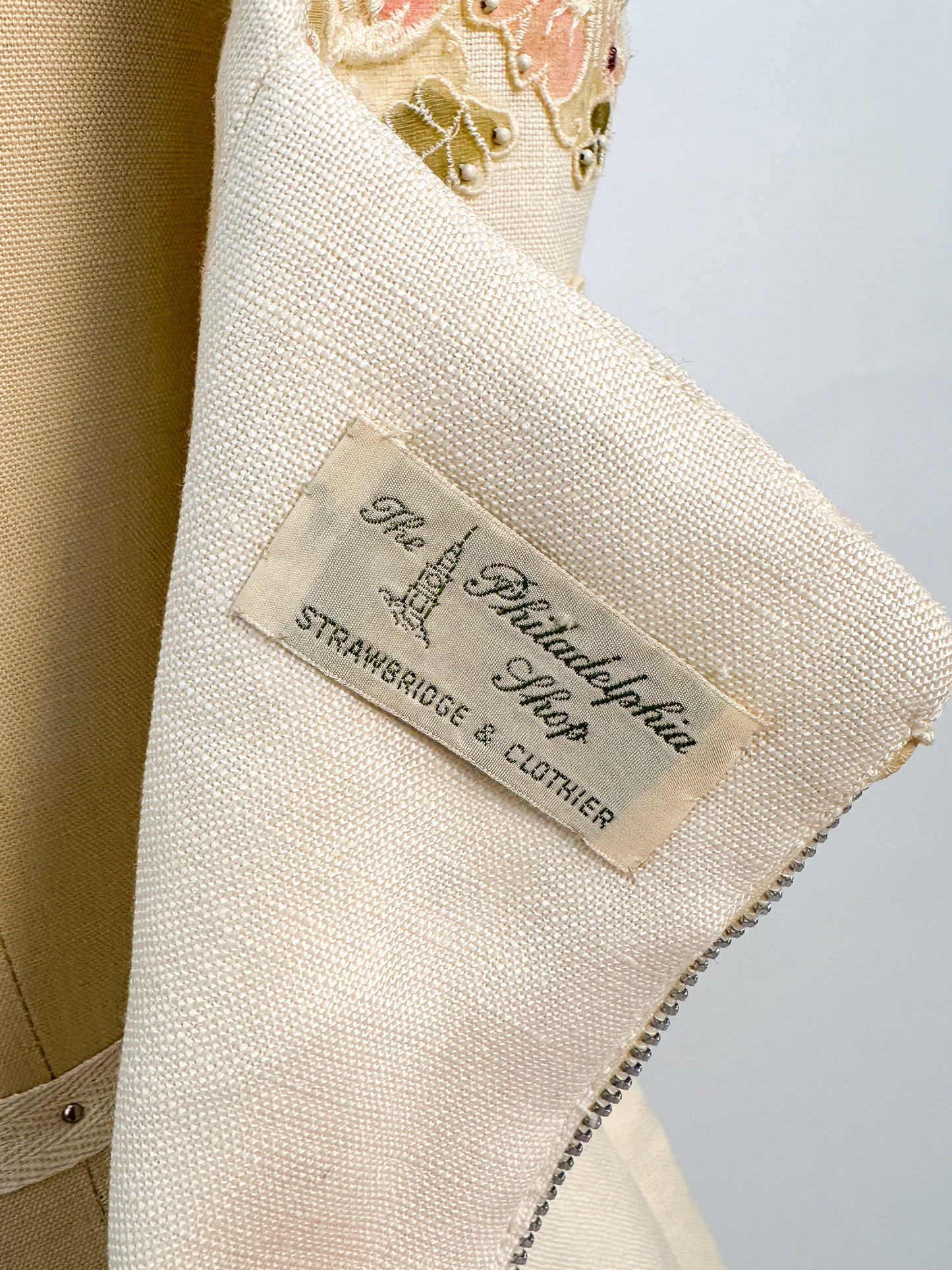 1950s Cream Linen Dress with Rhinestones and Floral Appliqués / Waist 28