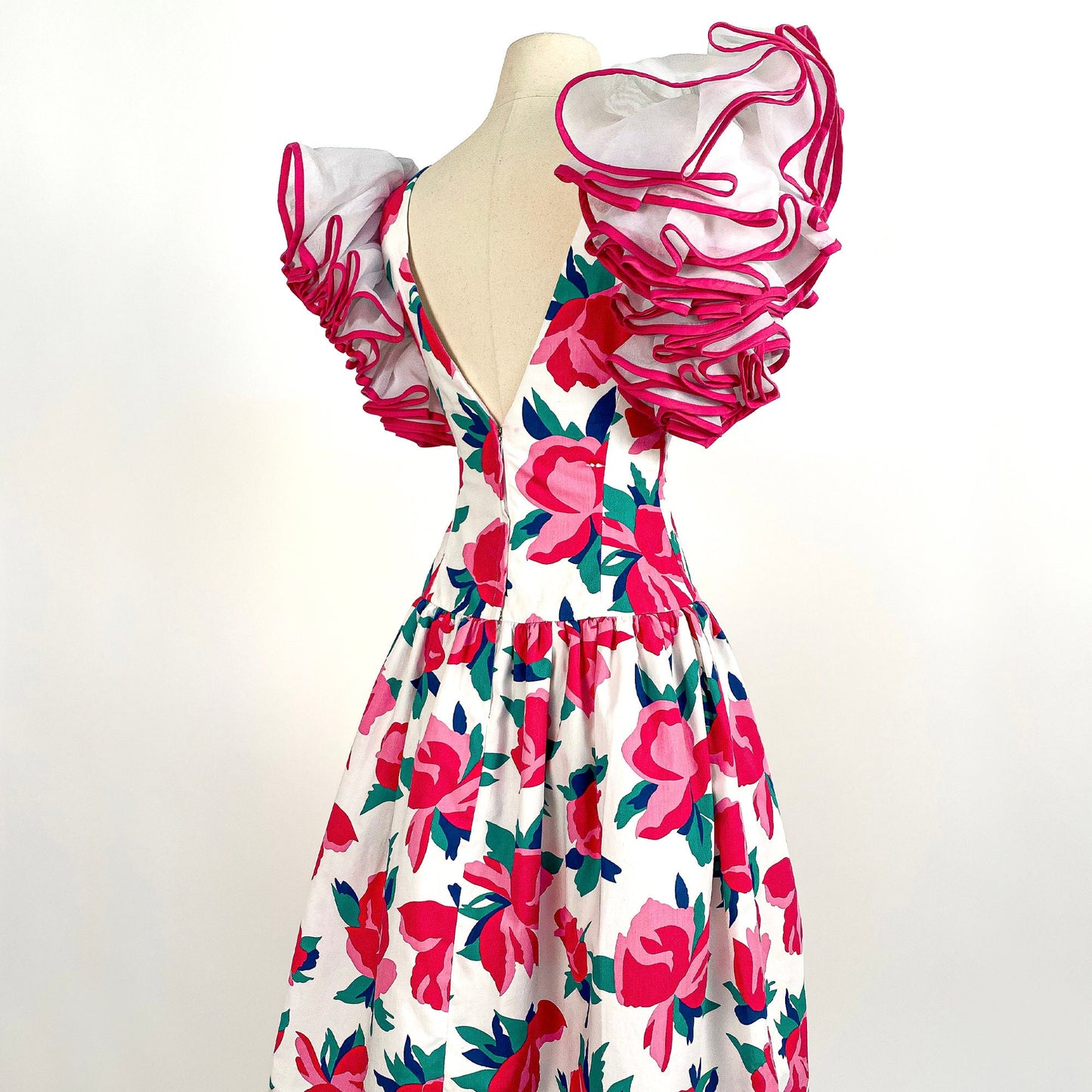 1980s Pink Floral Victor Costa Dress with Ruffled Sleeves / Waist 25