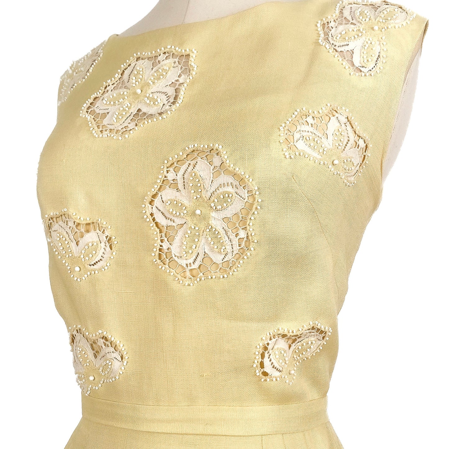 1950s Yellow Linen Dress with Beaded Lace and Beaded Inserts / Waist 30