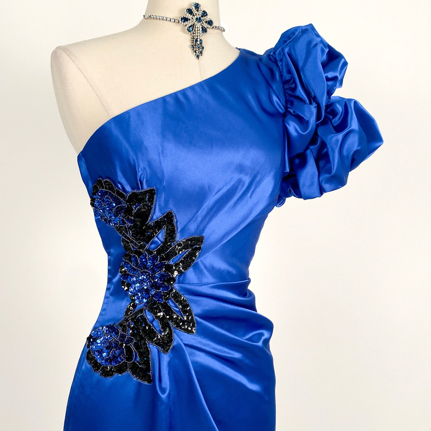 1980s Blue Satin Gown with Sequins / Waist 26