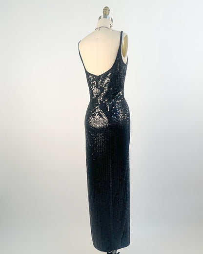 1980s Black Sequin Evening Gown