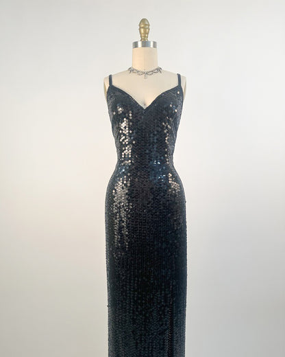 1980s Black Sequin Evening Gown