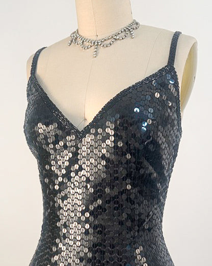 1980s Black Sequin Evening Gown