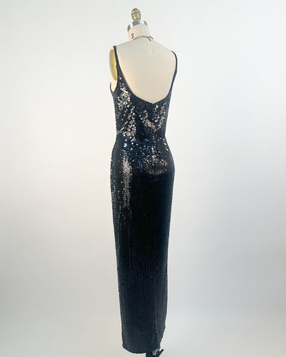 1980s Black Sequin Evening Gown