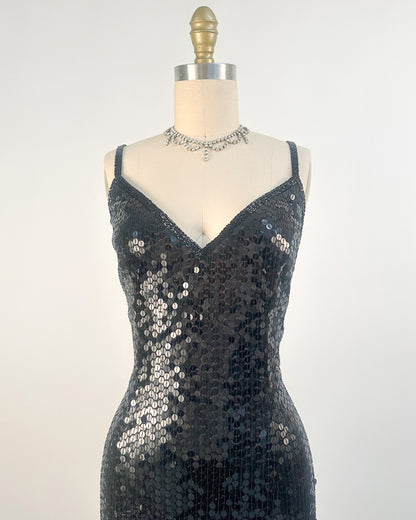1980s Black Sequin Evening Gown
