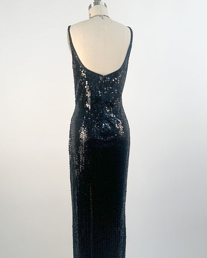 1980s Black Sequin Evening Gown
