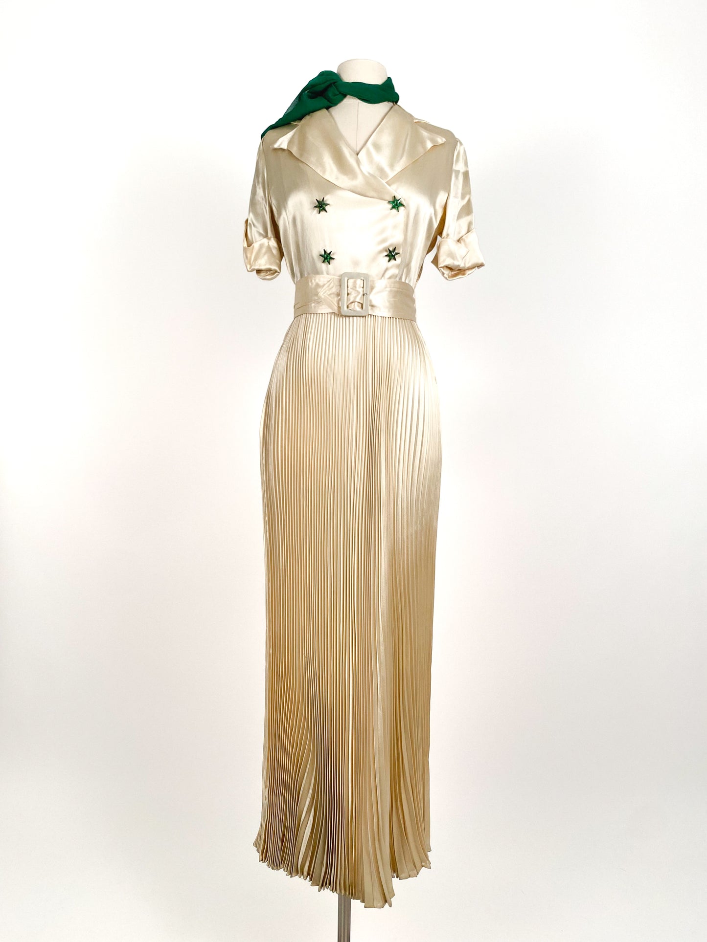 1930s Pleated Silk Satin Gown / Waist 28
