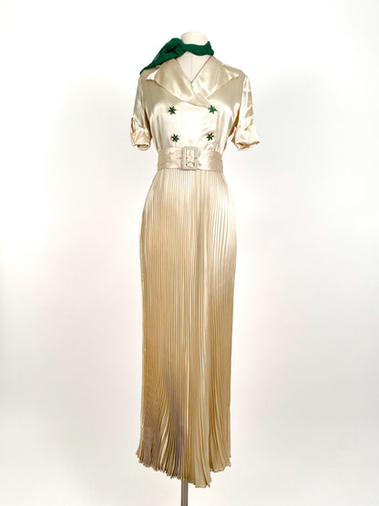 1930s Pleated Silk Satin Gown / Waist 28
