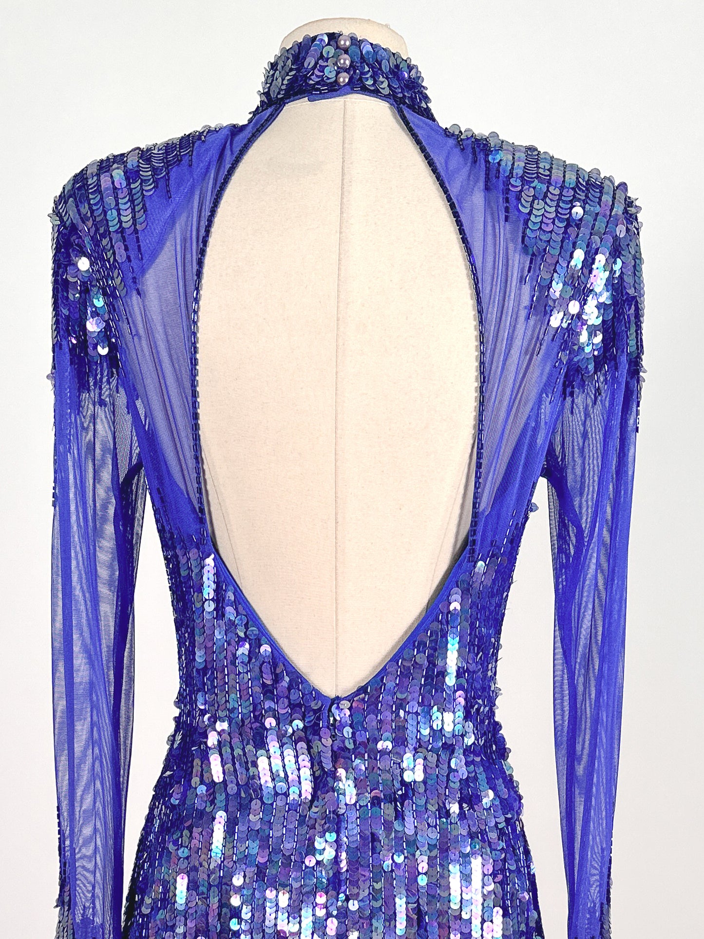 1980s Striking Cobalt and Purple Sequin Gown by Casadei / Waist 30