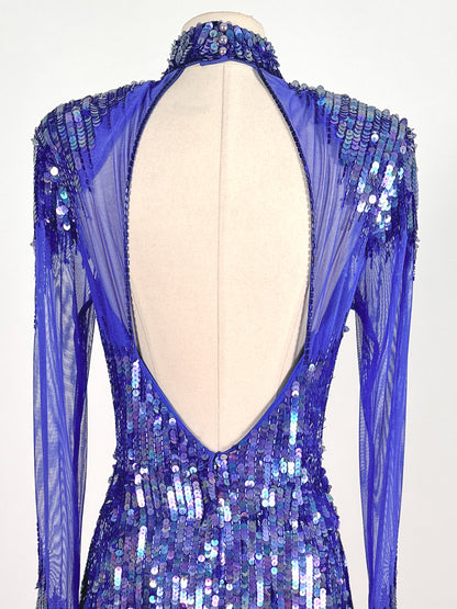 1980s Striking Cobalt and Purple Sequin Gown by Casadei / Waist 30