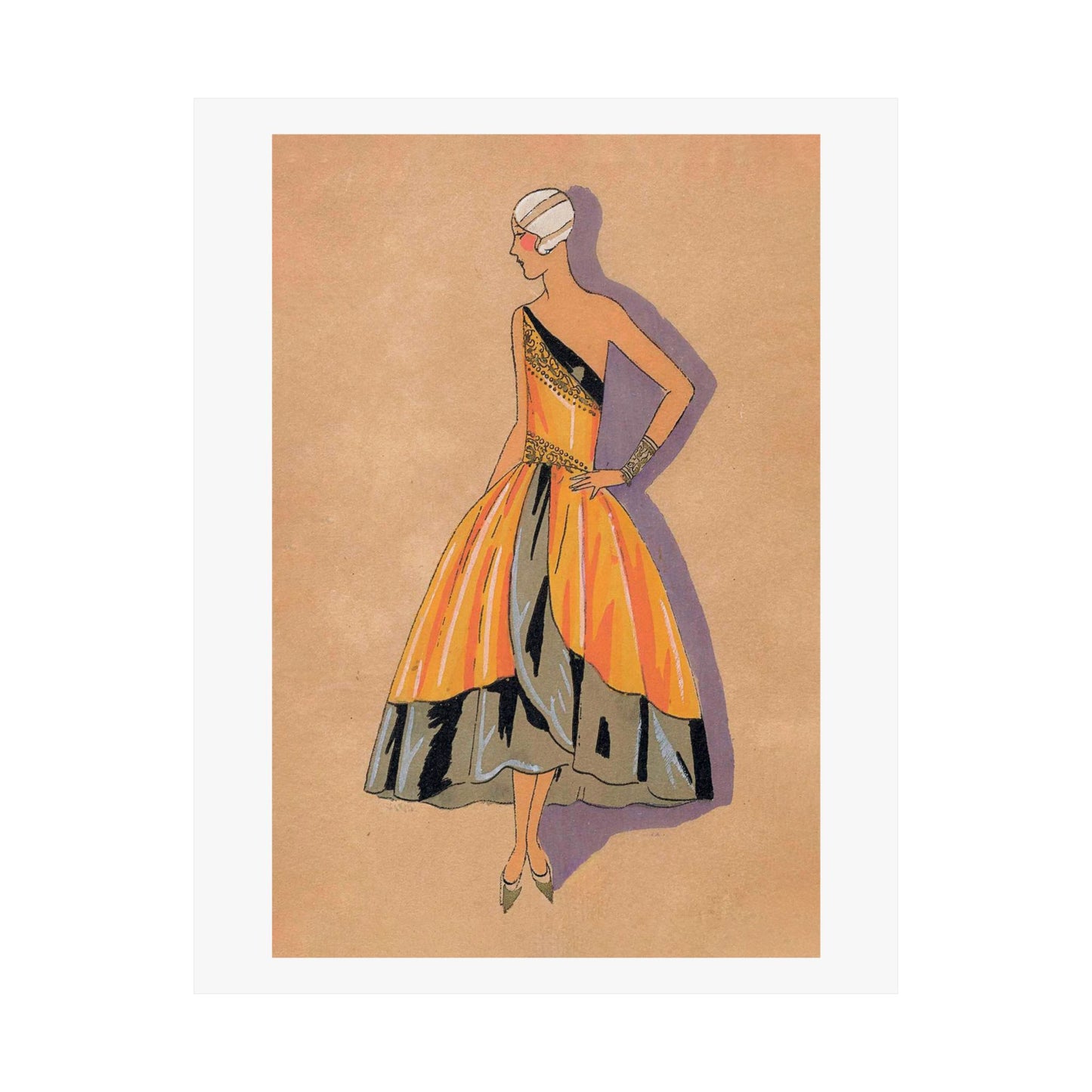 Vintage 1920s Fashion Illustration Satin Poster Print - Elegant Taffeta Dress Design