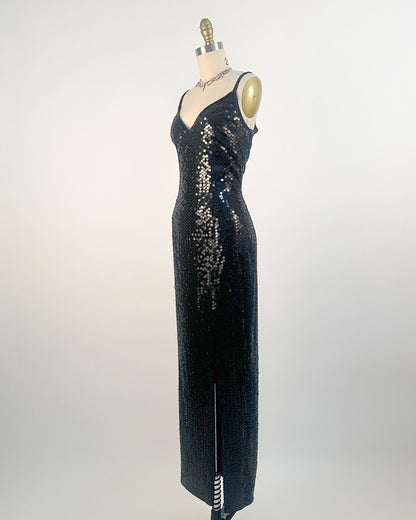1980s Black Sequin Evening Gown