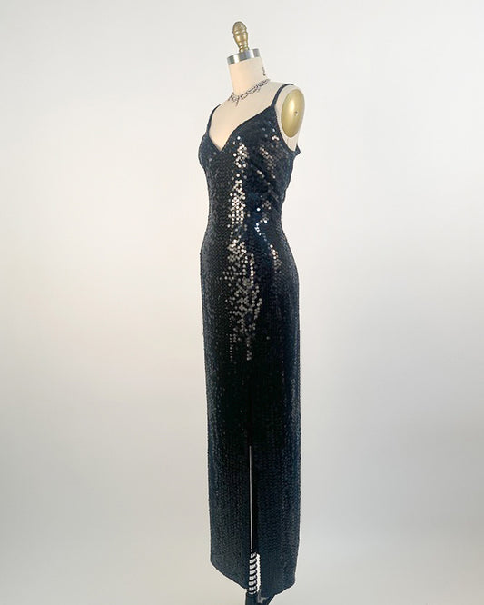 1980s Black Sequin Evening Gown