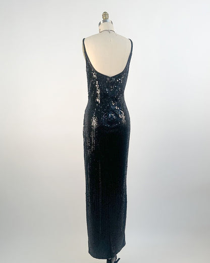 1980s Black Sequin Evening Gown