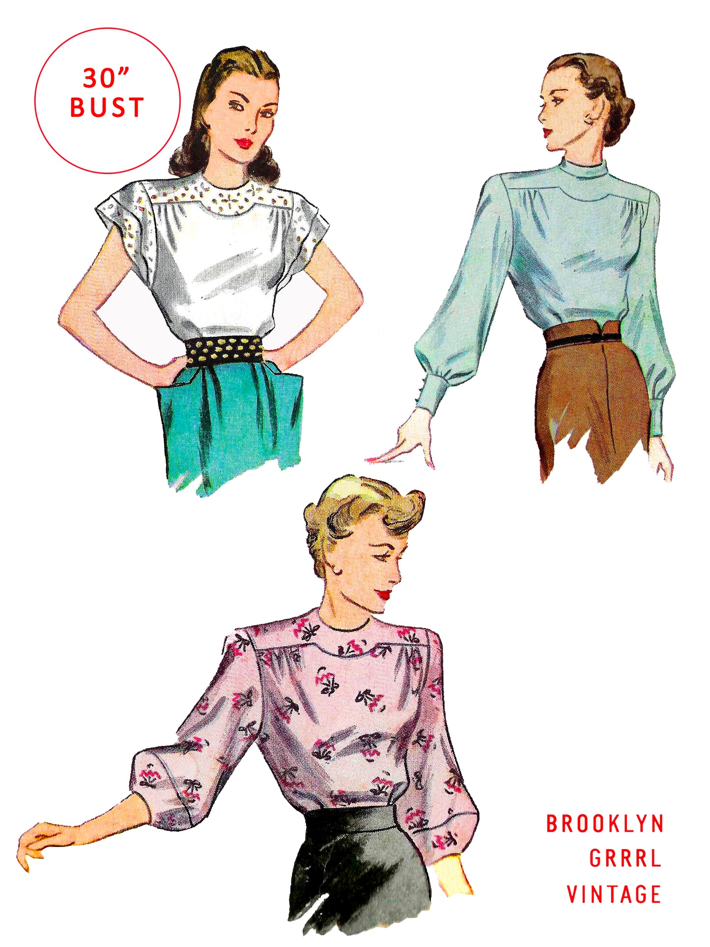 PDF Pattern - 1940's Evening Blouse with Balloon or Lantern Sleeves / Bust 30