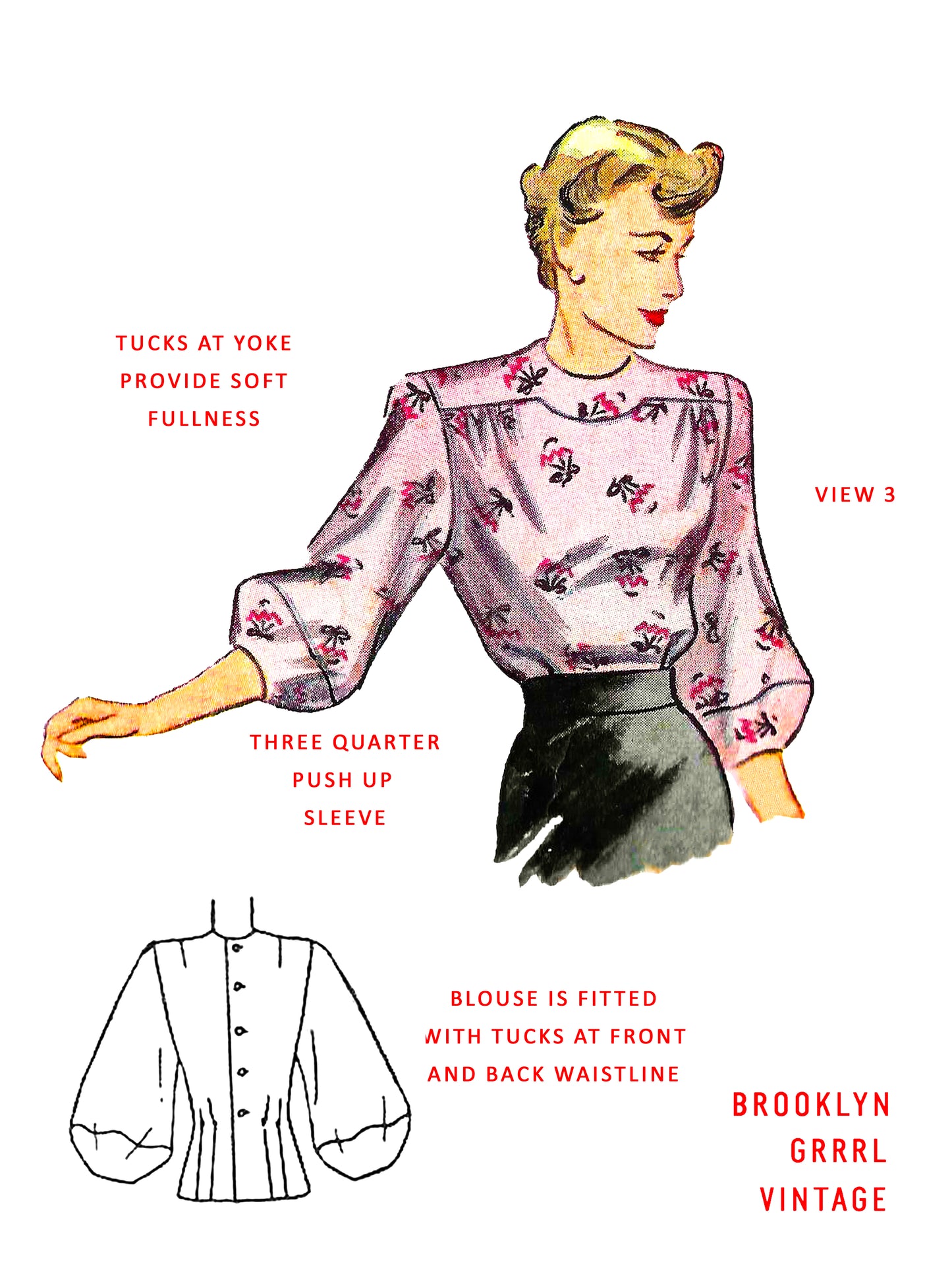 Paper Pattern - 1940's Evening Blouse with Balloon or Lantern Sleeves / Bust 30