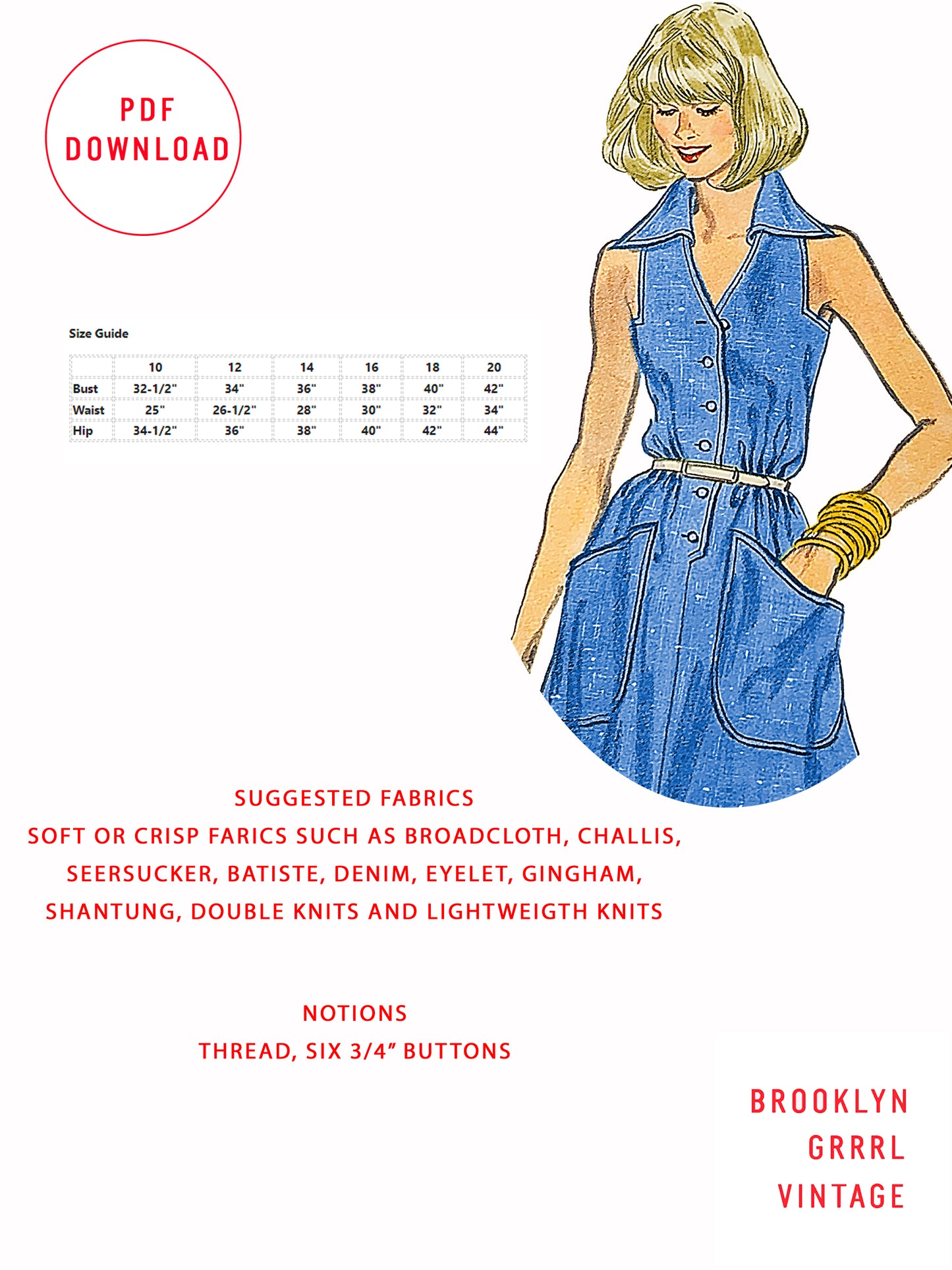 PDF Pattern - 1970's Shirt Dress - Belt Optional / Multiple Sizes