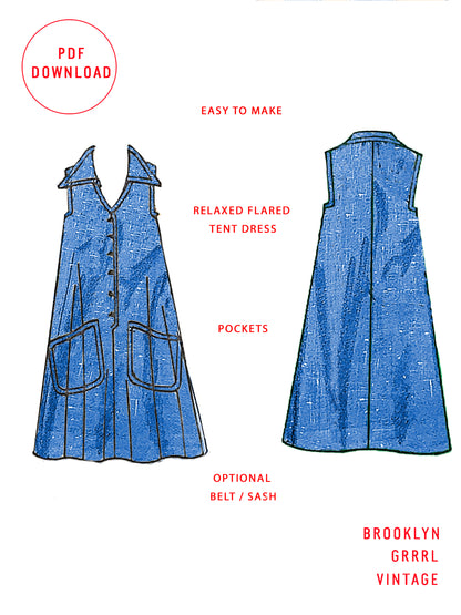PDF Pattern - 1970's Shirt Dress - Belt Optional / Multiple Sizes