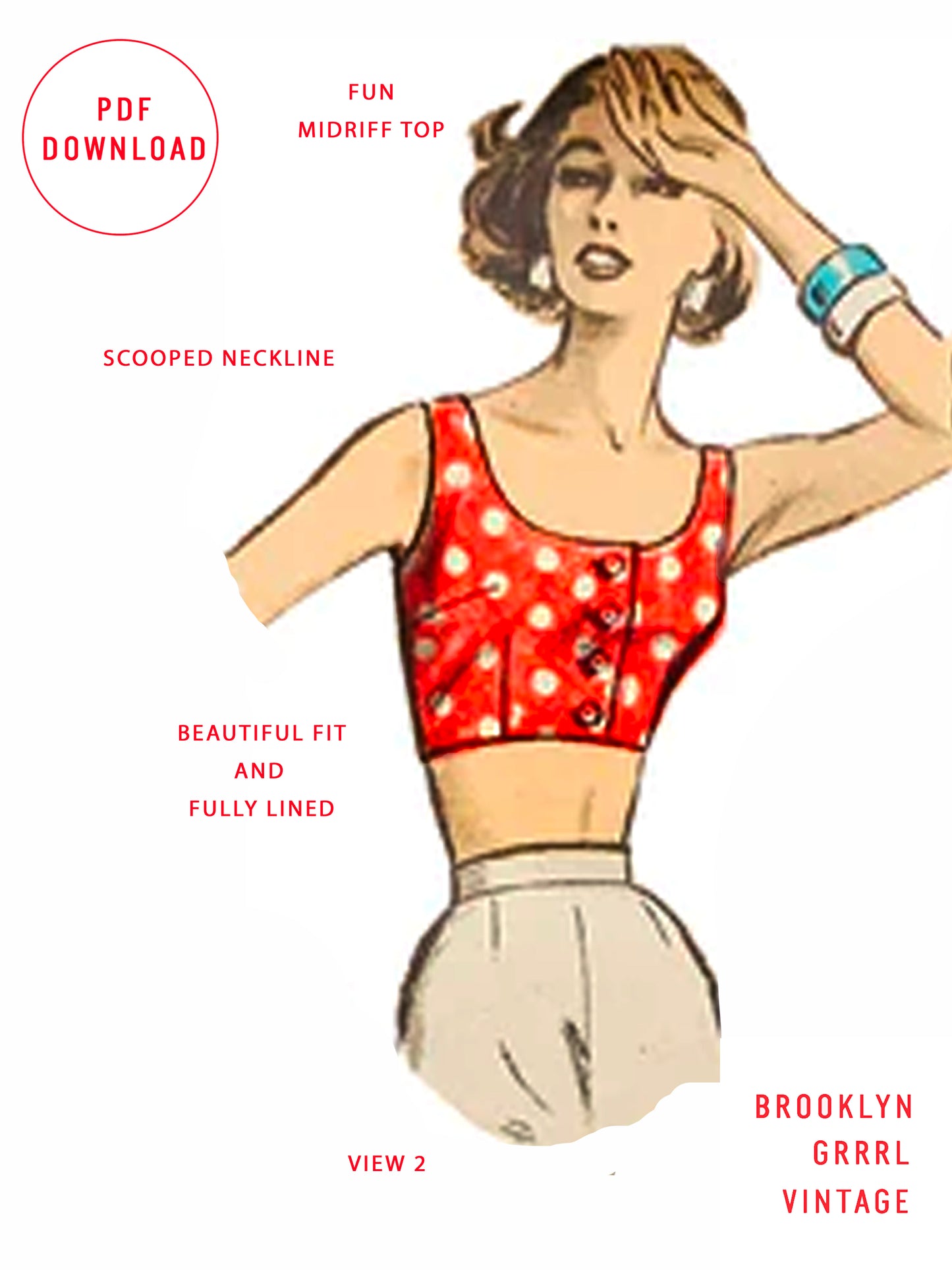 PDF Pattern - 1950's Halter and Crop Top / Multiple Sizes