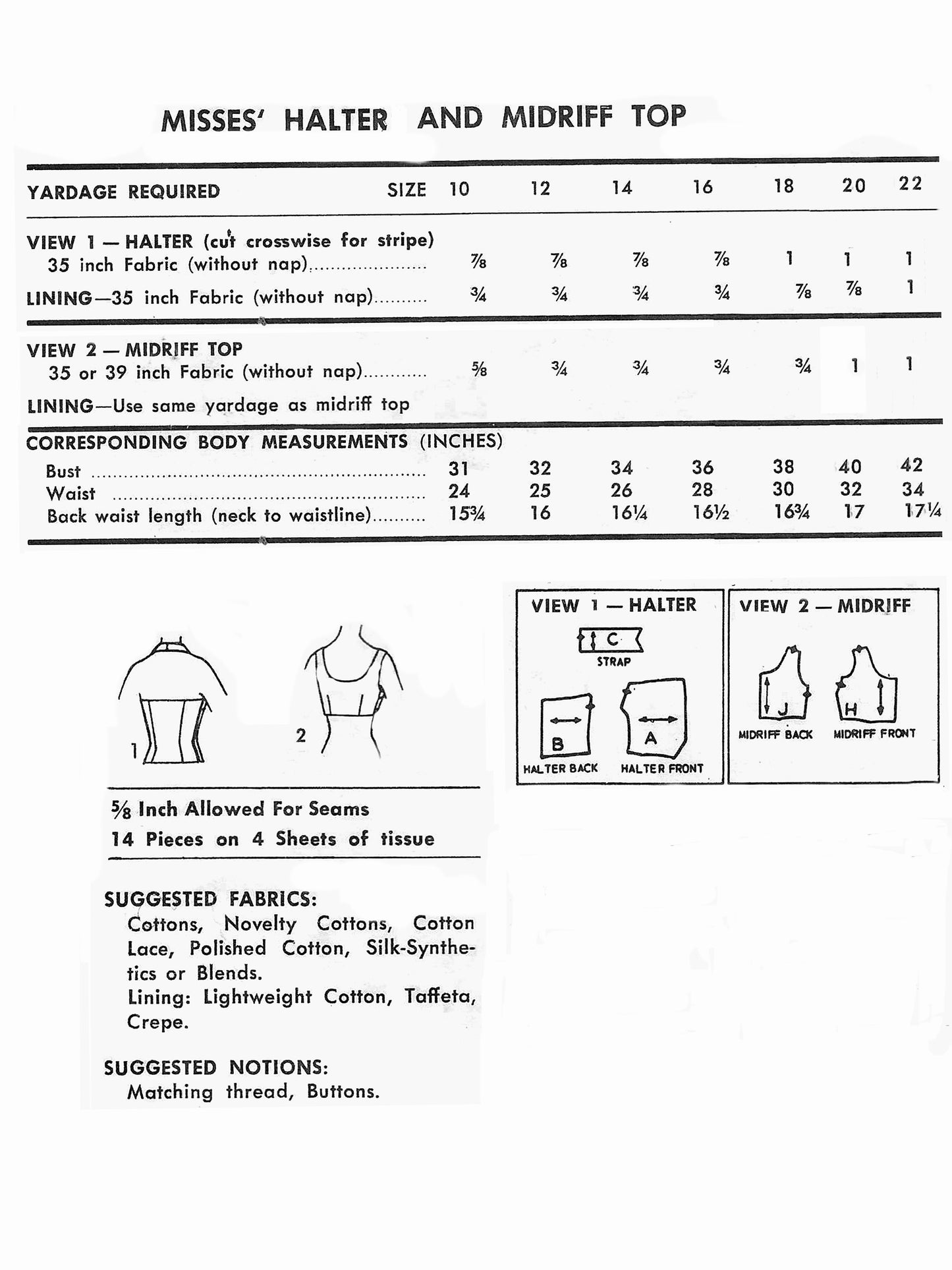 PDF Pattern - 1950's Halter and Crop Top / Multiple Sizes