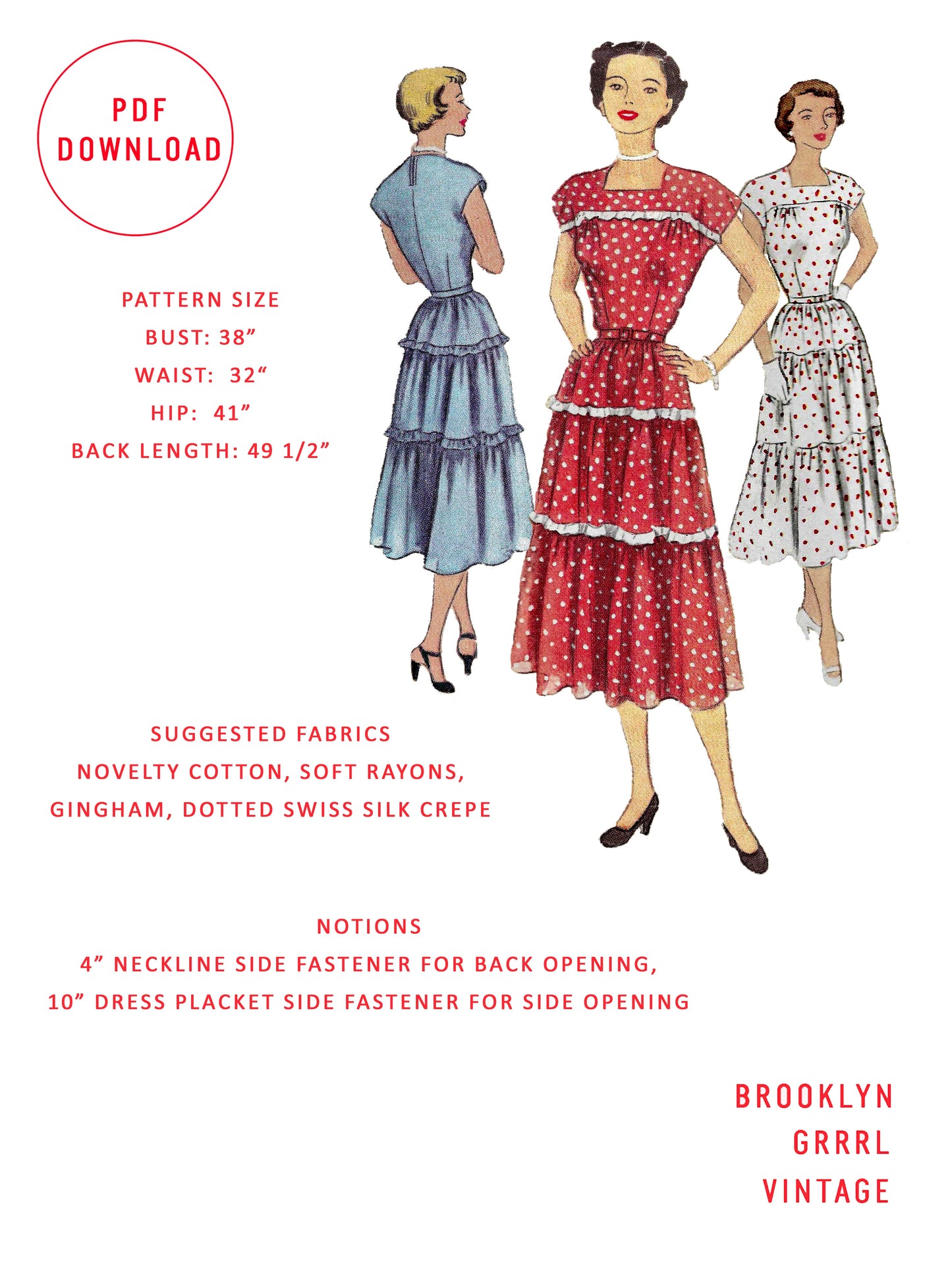 PDF Pattern - 1950s Dress with Tiered Skirt / Bust 38
