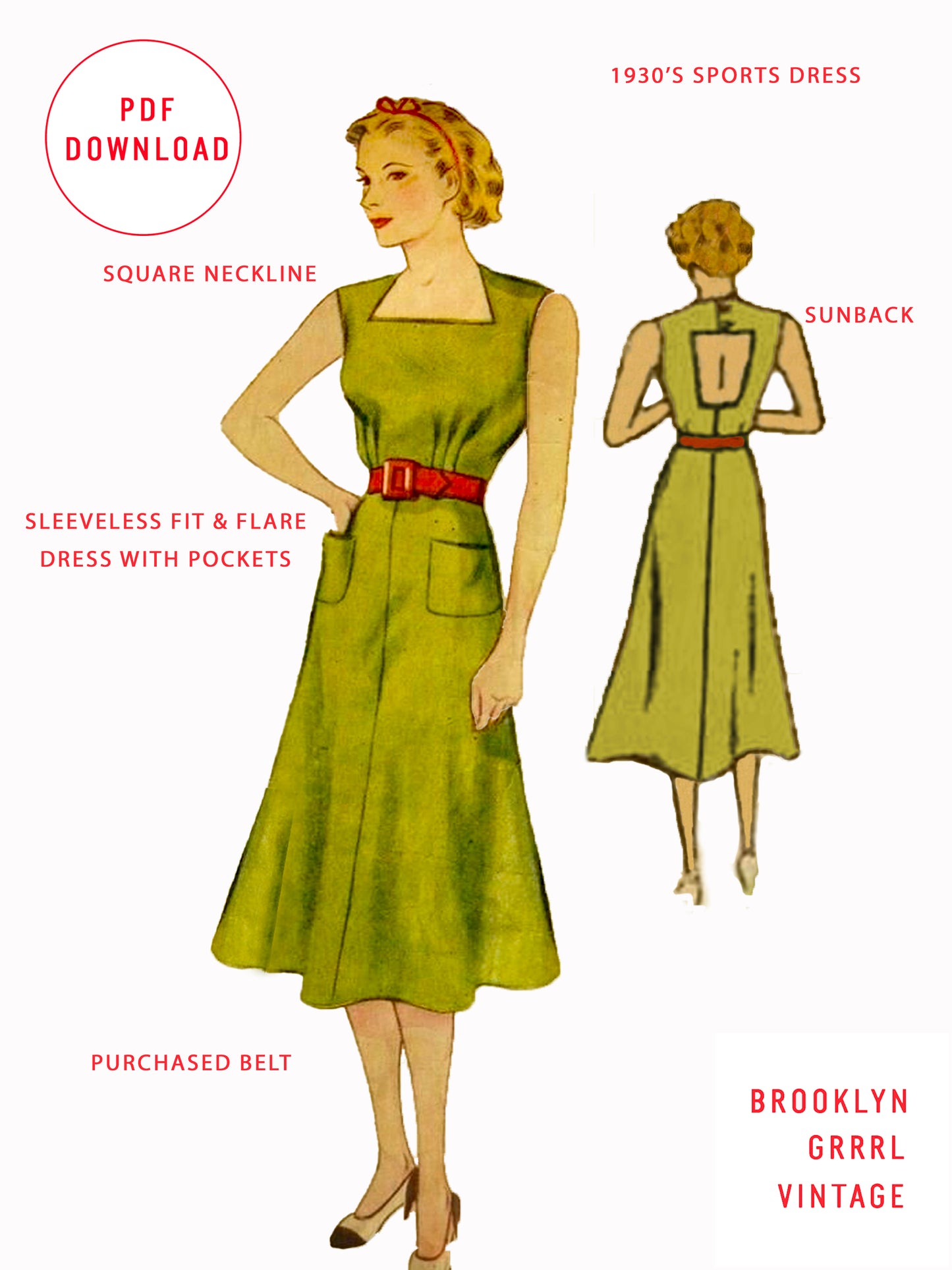 PDF Pattern -1930s Sports Dress / Sun Dress / Bust 34
